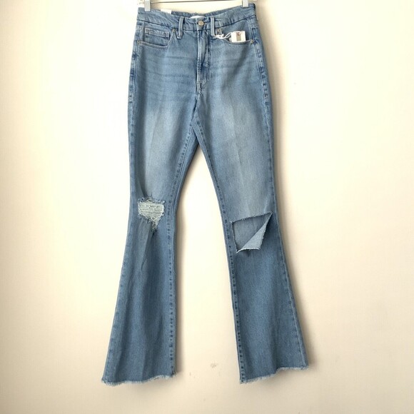Good American Jeans Size 4 Blue Indigo129 Distressed Busted Knee Bootcut - Picture 12 of 12